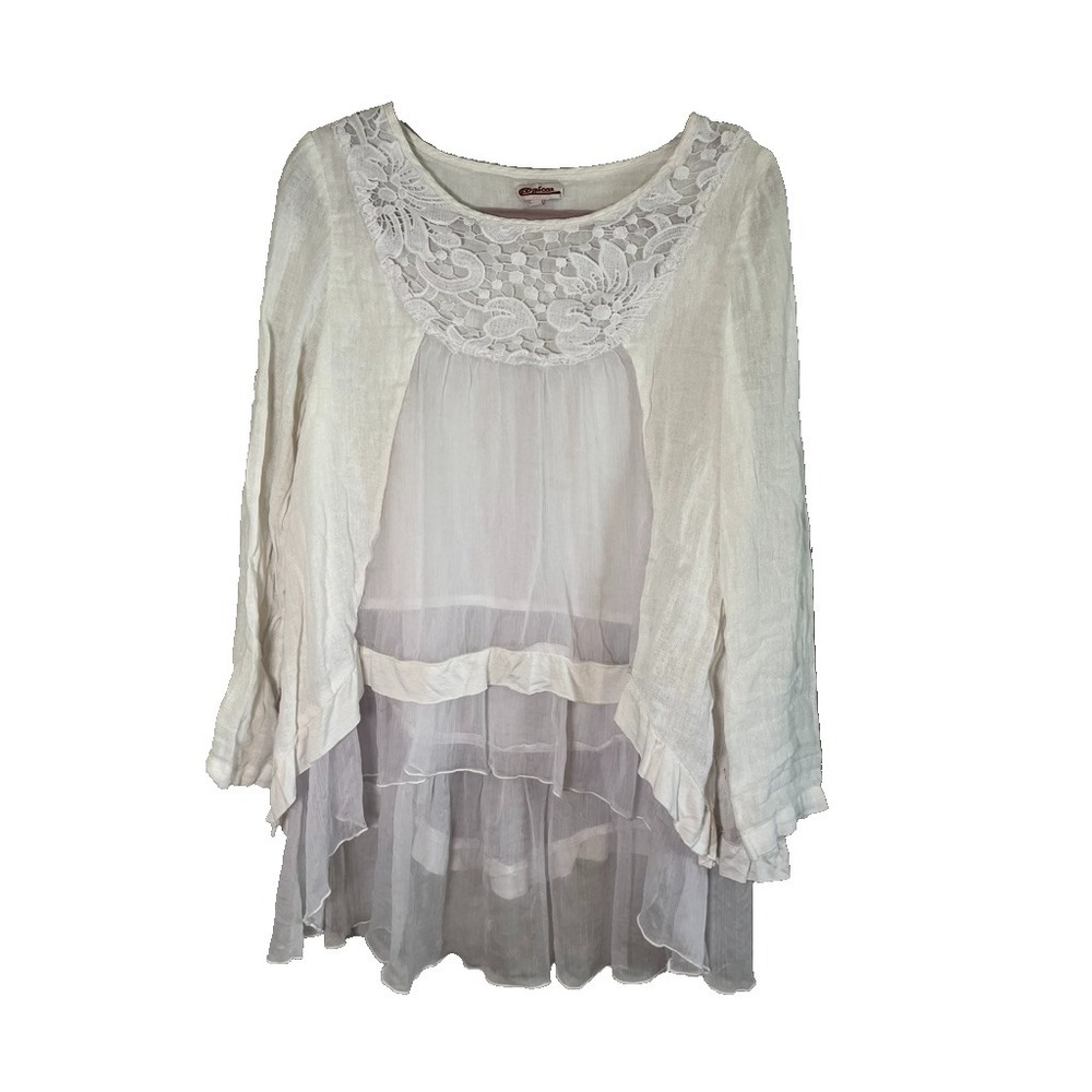 Neutral Floral Lace Tunic Top L Boho Indie Minimalist Lagen Coastal Feminine